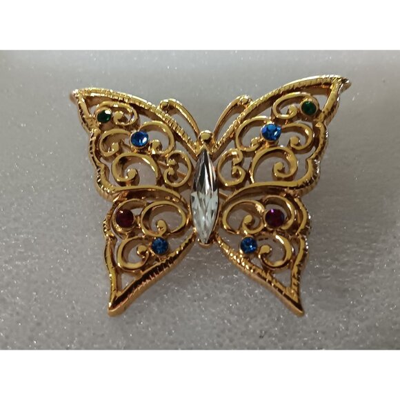 Set Of 3 Butterfly Brooch Pins With Gold & Silver Tones Gemstone & Rhinestone Em - Picture 4 of 5